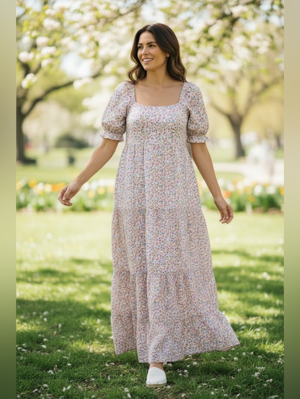 Hayden Los Angeles Boho‎ Floral Puff-Sleeve Tiered Cottage Maxi Dress M